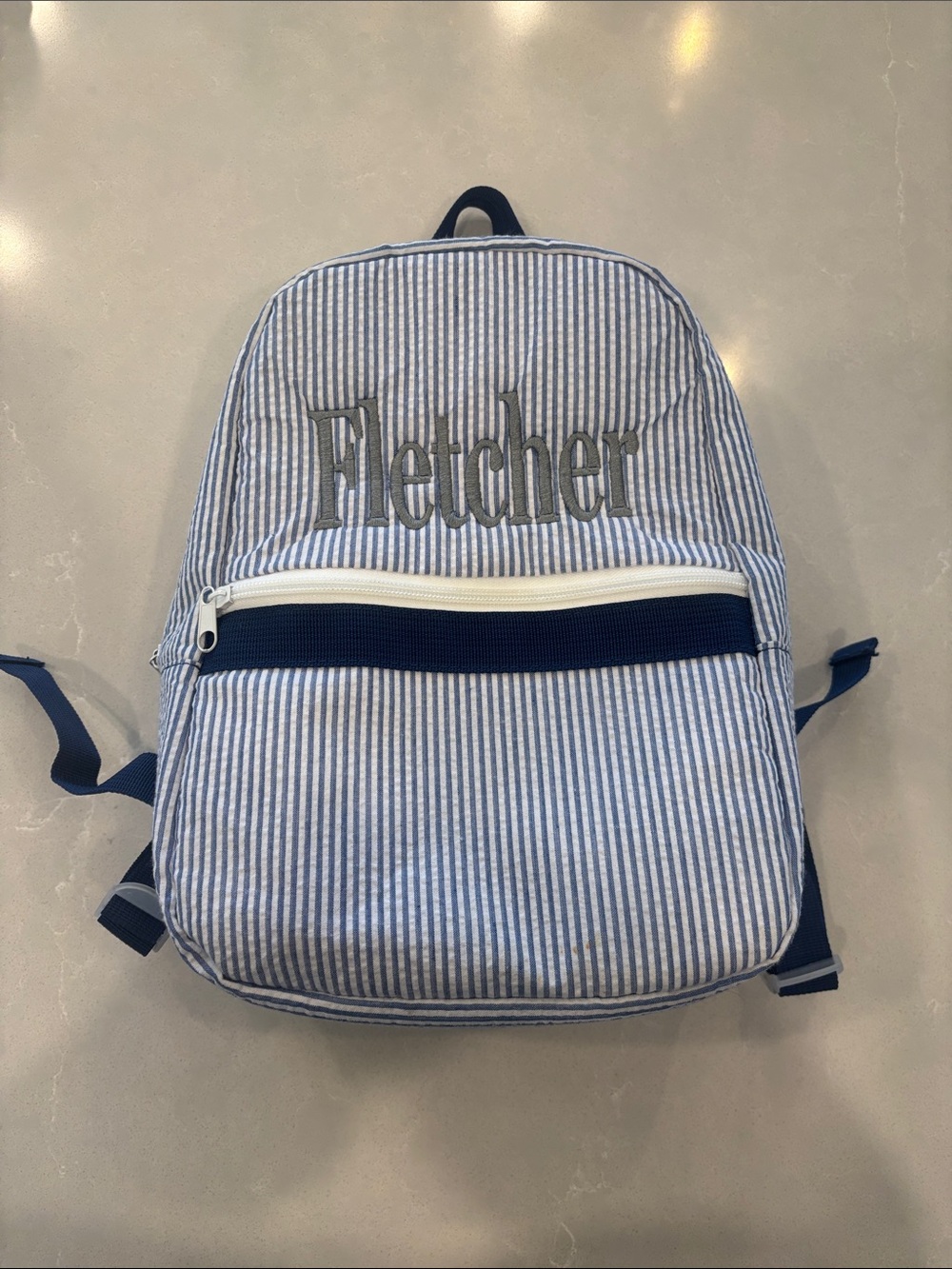Personalized 'Fletcher' Seersucker Backpack in Blue and White’s